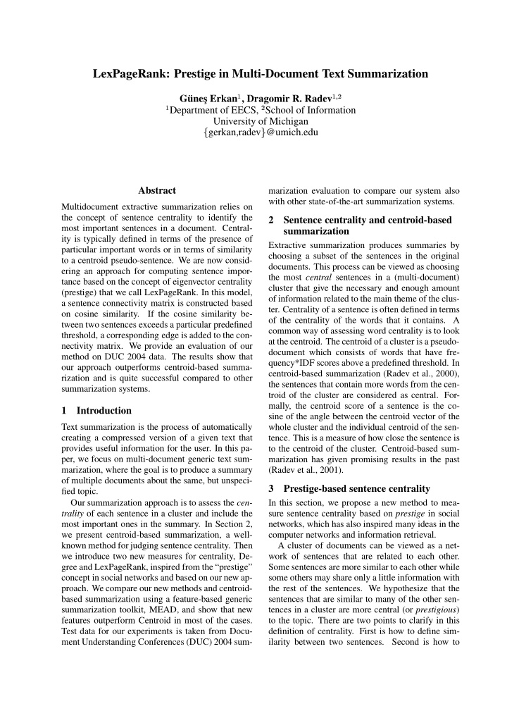 lexpagerank prestige in multi document text summarization