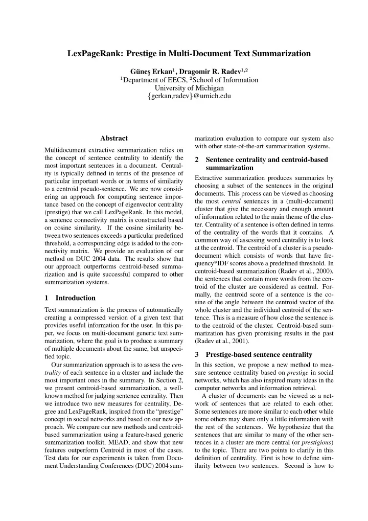 lexpagerank prestige in multi document text summarization