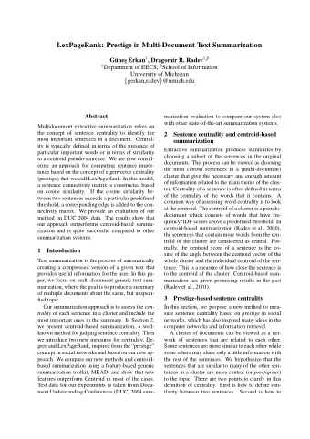 LexPageRank: Prestige in Multi-Document Text Summarization    G  unes   Erkan  ,