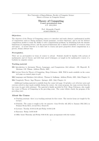 Theory of Computing  Course presentation form  A.Y. 2012/2013  Prof. Alessandro Cimatti