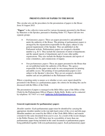 PRESENTATION OF PAPERS TO THE HOUSE  This circular sets out the procedures for the presentation of