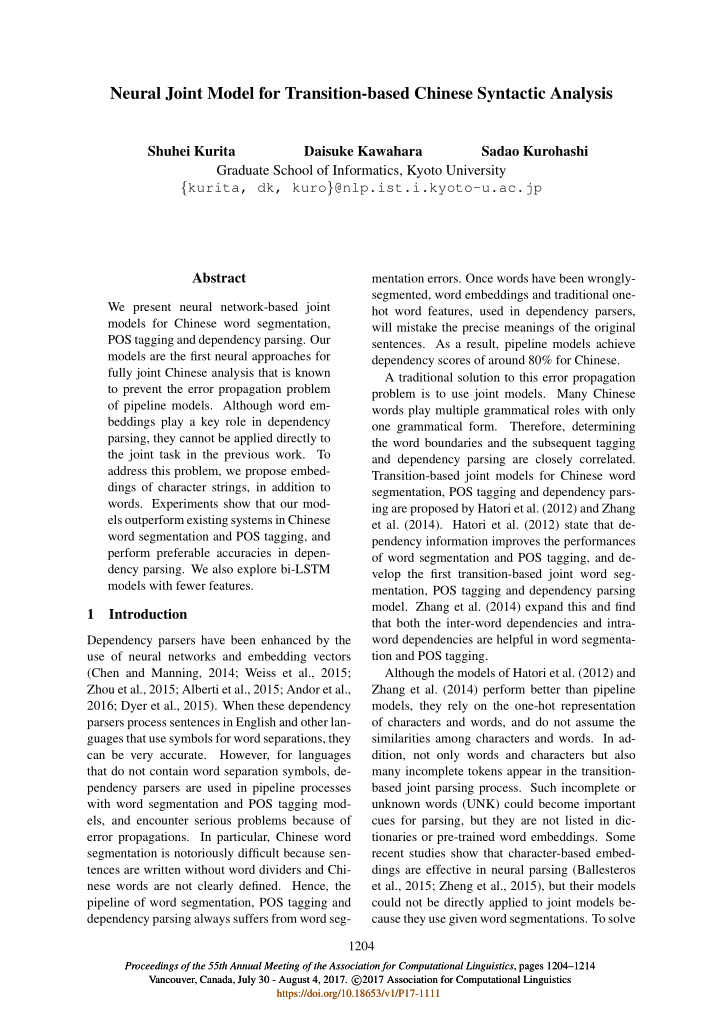 neural joint model for transition based chinese syntactic