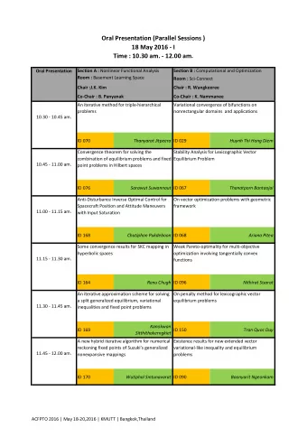 Oral Presentation (Parallel Sessions )  18 May 2016 - I  Time : 10.30 am. - 12.00 am.  Oral