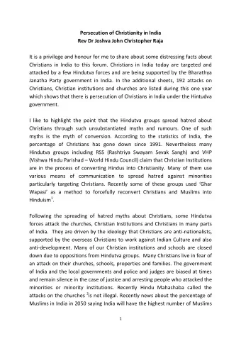 Persecution of Christianity in India  Rev Dr Joshva John Christopher Raja  It is a privilege and