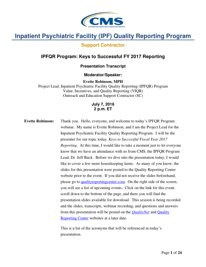 ipfqr program keys to successful fy 2017 reporting