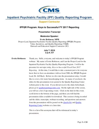 IPFQR Program: Keys to Successful FY 2017 Reporting Presentation Transcript  Moderator/Speaker: