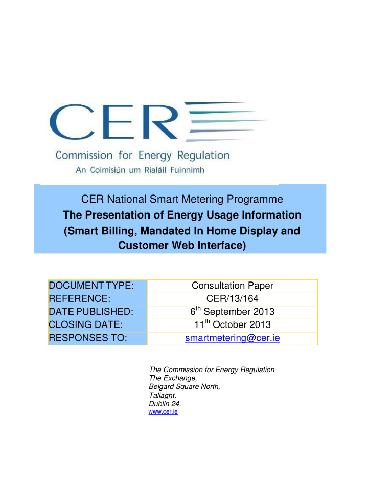 cer national smart metering programme the presentation of