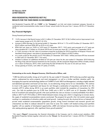 IRES  22 February 2019  LATEST RESULTS  IRISH RESIDENTIAL PROPERTIES REIT PLC  RESULTS FOR THE YEAR