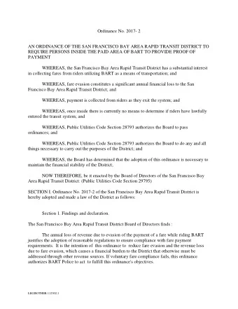 Ordinance No. 2017- 2  AN ORDINANCE OF THE SAN FRANCISCO BAY AREA RAPID TRANSIT DISTRICT TO