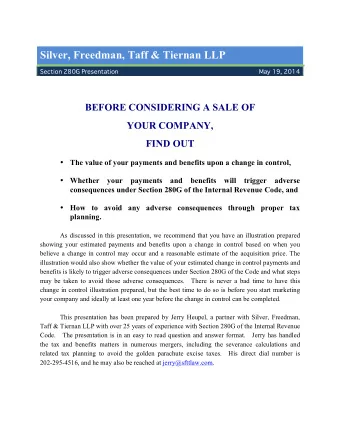 2 1.  What is Section 280G of the Internal Revenue Code?  Section 280G governs the treatment of