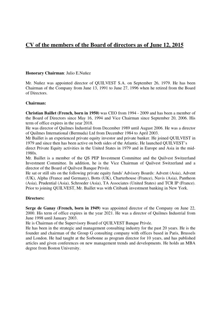 cv of the members of the board of directors as of june 12