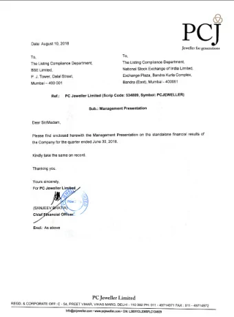 PC Jeweller Ltd  Results Presentation August 10 th , 2018  Safe Harbor  This presentation and the