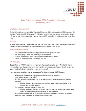 Jouta Performance Group AFOA Presentation Summary  December, 2018  What does HR do, anyway?  Cori