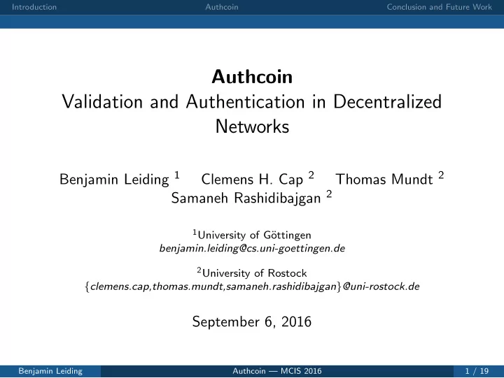 authcoin validation and authentication in decentralized