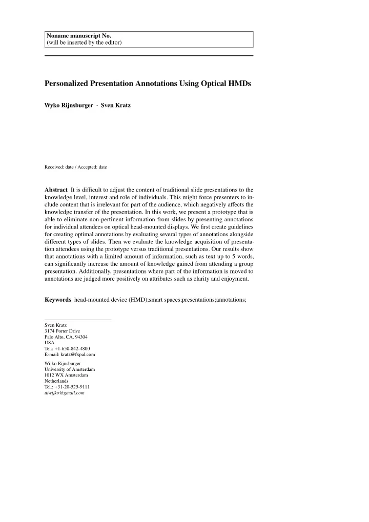 personalized presentation annotations using optical hmds