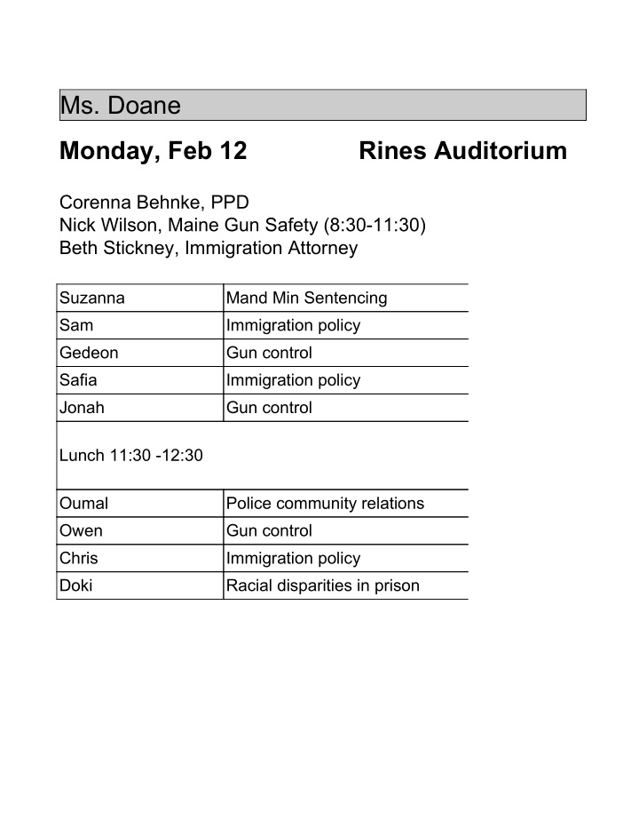 ms doane monday feb 12 rines auditorium corenna behnke