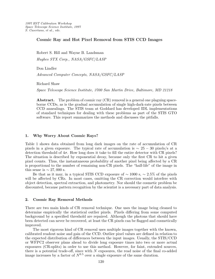 cosmic ray and hot pixel removal from stis ccd images