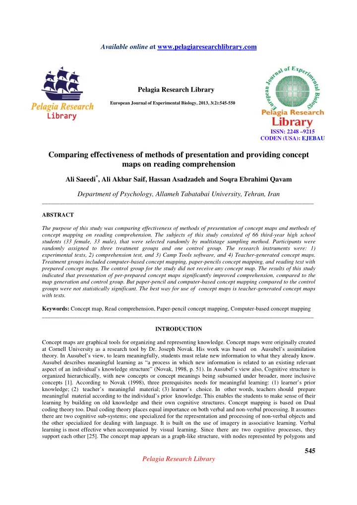 pelagia research library european journal of experimental