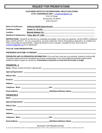 REQUEST FOR PRESENTATIONS  CALIFORNIA INSTITUTE FOR BEHAVIORAL HEALTH SOLUTIONS ATTN: CONFERENCE