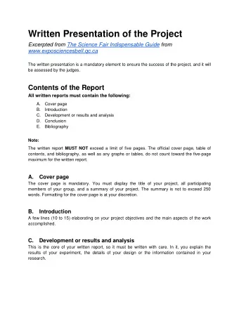 Written Presentation of the Project  Excerpted from The Science Fair Indispensable Guide from