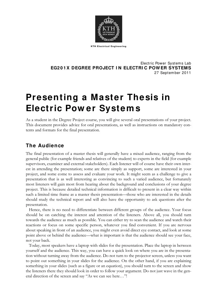 presenting a master thesis in electric pow er system s