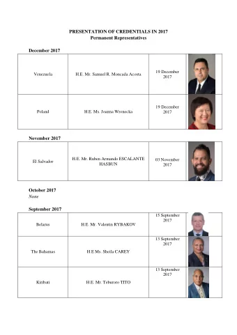 PRESENTATION OF CREDENTIALS IN 2017  Permanent Representatives  December 2017  19 December