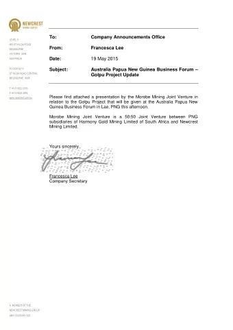 To:  Company Announcements Office  LEVEL 9  600 ST KILDA ROAD  From:  Francesca Lee  MELBOURNE