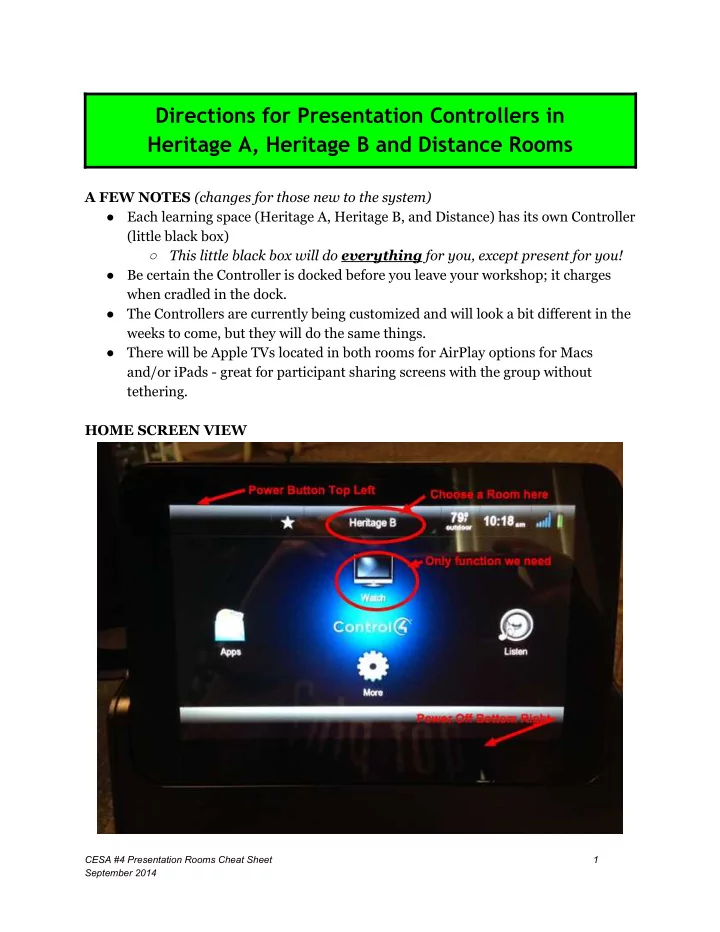 directions for presentation controllers in heritage a