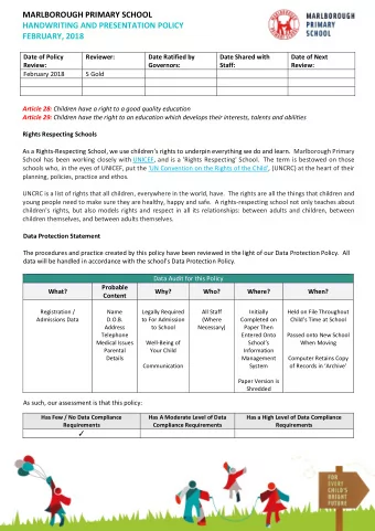 MARLBOROUGH PRIMARY SCHOOL  HANDWRITING AND PRESENTATION POLICY  FEBRUARY, 2018  Date of Policy