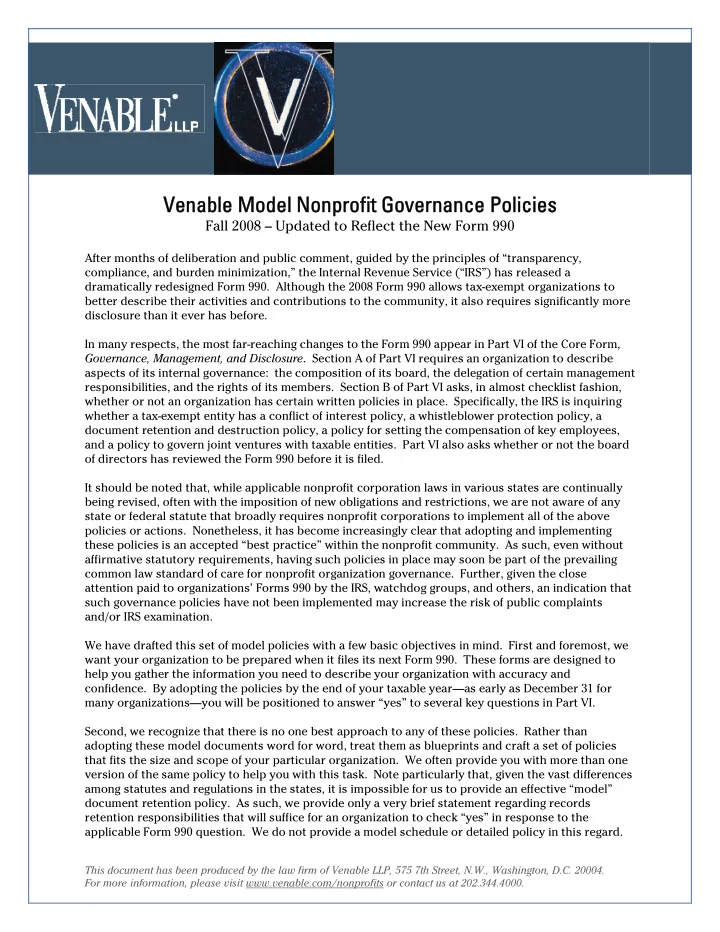 venable model nonprofit governance policies venable model