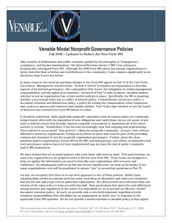 Venable Model Nonprofit Governance Policies  Venable Model Nonprofit Governance Policies  Fall 2008