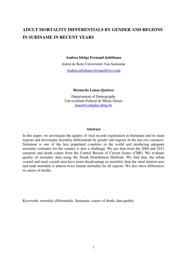 adult mortality differentials by gender and regions in