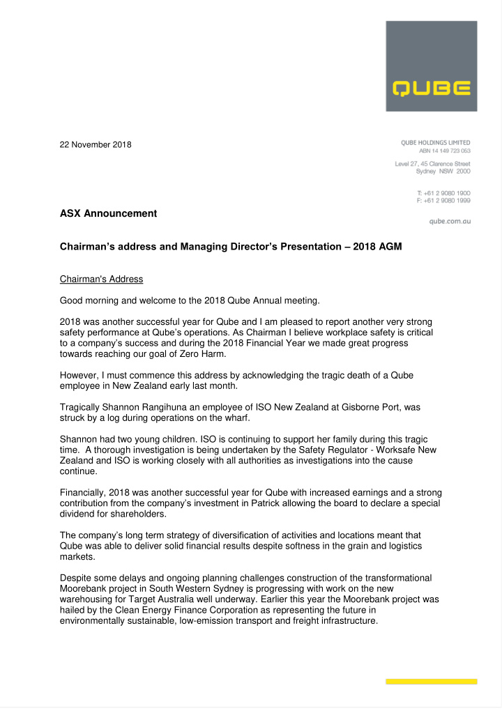 22 november 2018 asx announcement chairman s address and