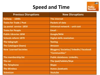 Previous Disruptions  New Disruptions  Railway     1840s  The internet  Trains for Trade / Post