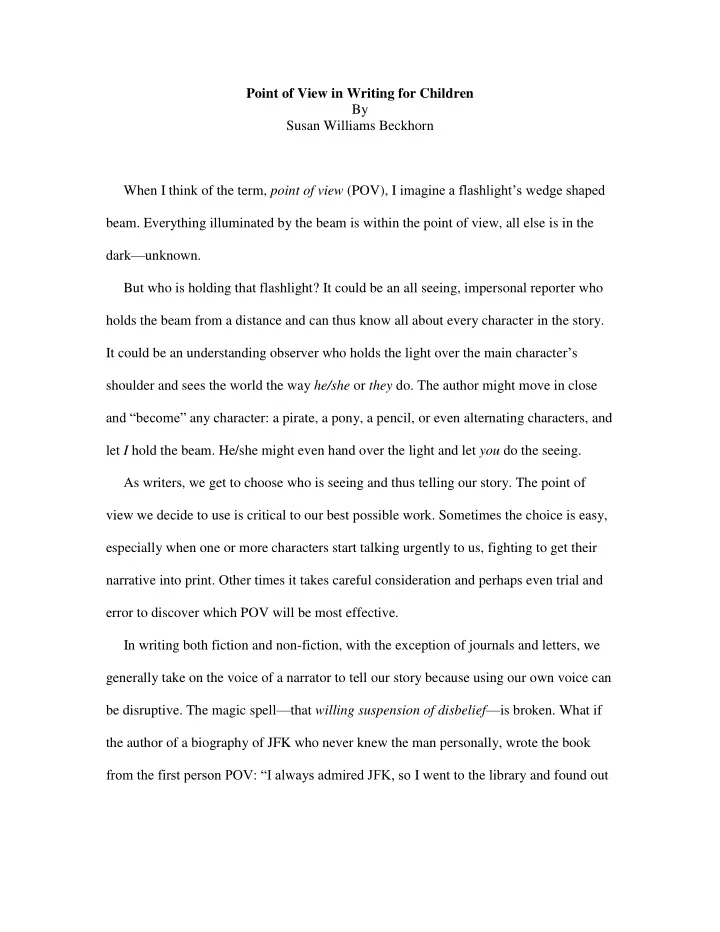 point of view in writing for children by susan williams