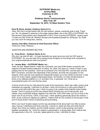 OUTFRONT Media Inc.  Jeremy Male,  Chairman &amp; CFO  at  Goldman Sachs Communacopia  New York, NY