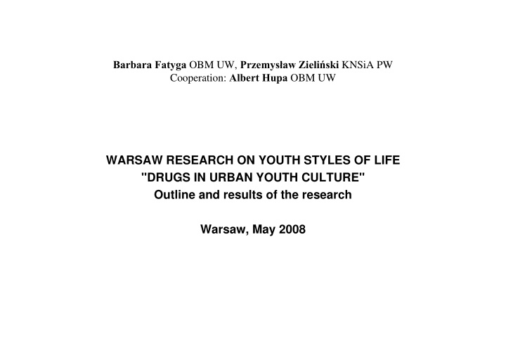 warsaw research on youth styles of life drugs in urban