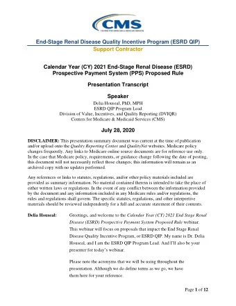 End-Stage Renal Disease Quality Incentive Program (ESRD QIP)  Support Contractor  Calendar Year