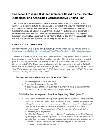 Project and Pipeline Risk Requirements Based on the Operator Agreement and Associated Comprehensive