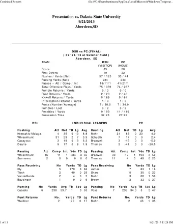 Presentation vs. Dakota State University  9/21/2013  Aberdeen,SD  DSU vs PC ( FI NAL)  (  0 9 / 2 1