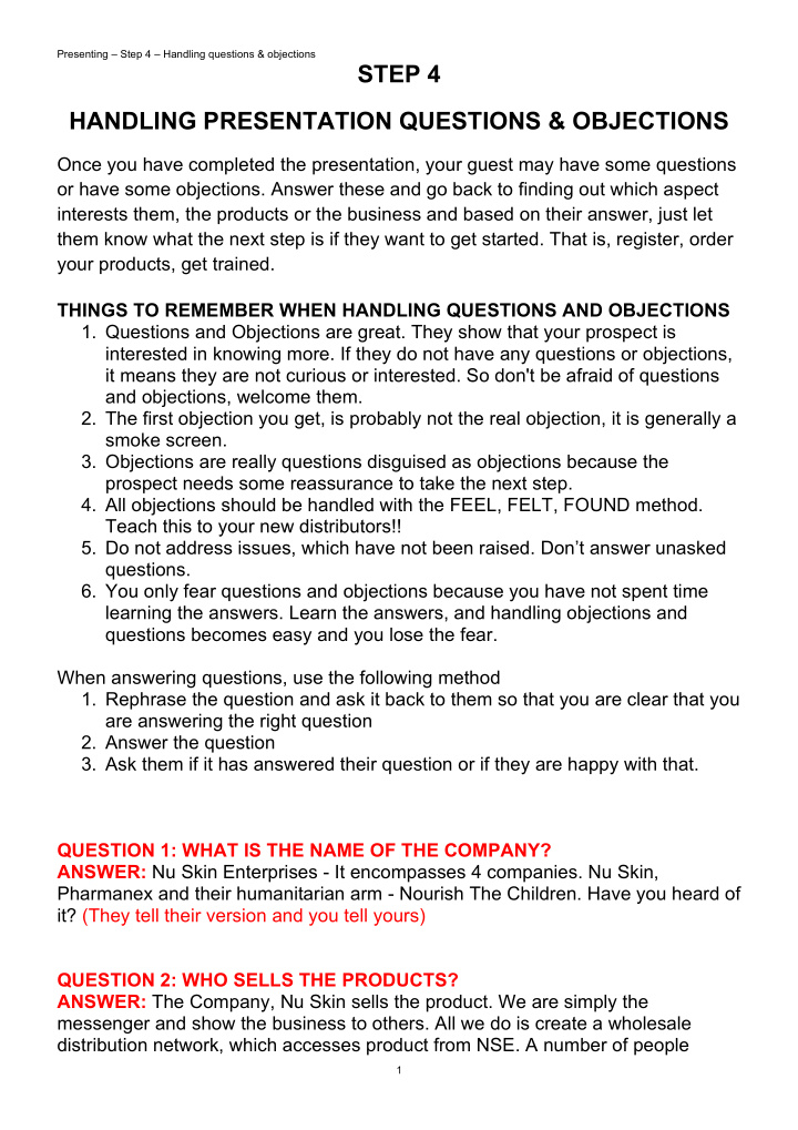 step 4 handling presentation questions objections