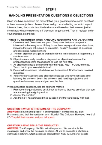 STEP 4  HANDLING PRESENTATION QUESTIONS &amp; OBJECTIONS  Once you have completed the presentation,