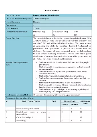 Course Syllabus  Title of the course  Presentation and Visualization  Title of the Academic