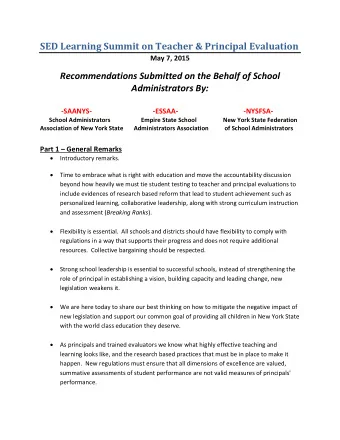 SED Learning Summit on Teacher &amp; Principal Evaluation May 7, 2015 Recommendations Submitted on