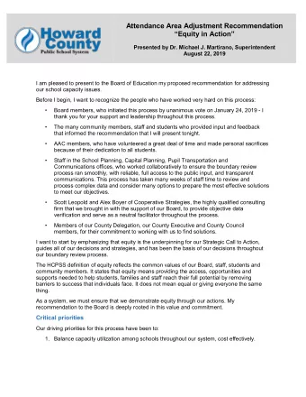 Attendance Area Adjustment Recommendation  Equity in Action  Presented by Dr. Michael J.