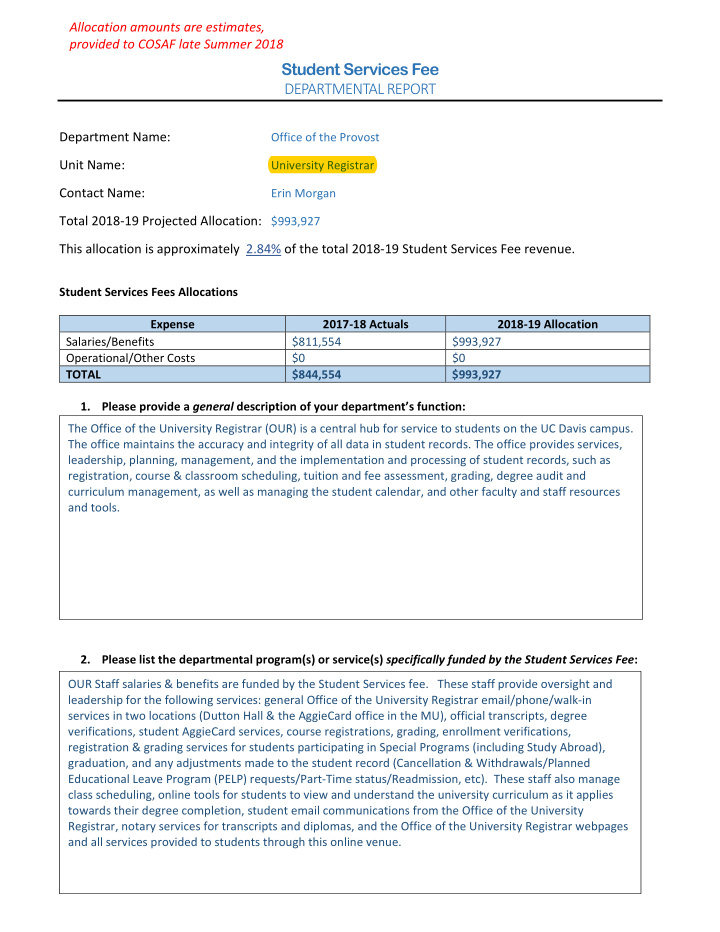 student services fee departmental report