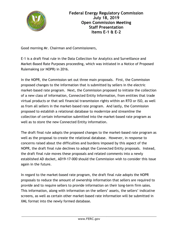 federal energy regulatory commission july 18 2019 open