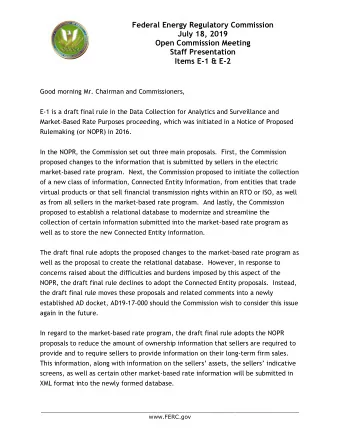 Federal Energy Regulatory Commission  July 18, 2019  Open Commission Meeting  Staff Presentation
