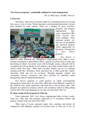 Mr. Le Minh Tuan, DoNRE, Vinh city  I. Overview  Nowadays, when socio-economic improves, consuming