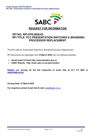 REQUEST FOR INFORMATION  RFI NO: RFI/CPS/2020/03  RFI TITLE: FCC PRESENTATION SWITCHER &amp;